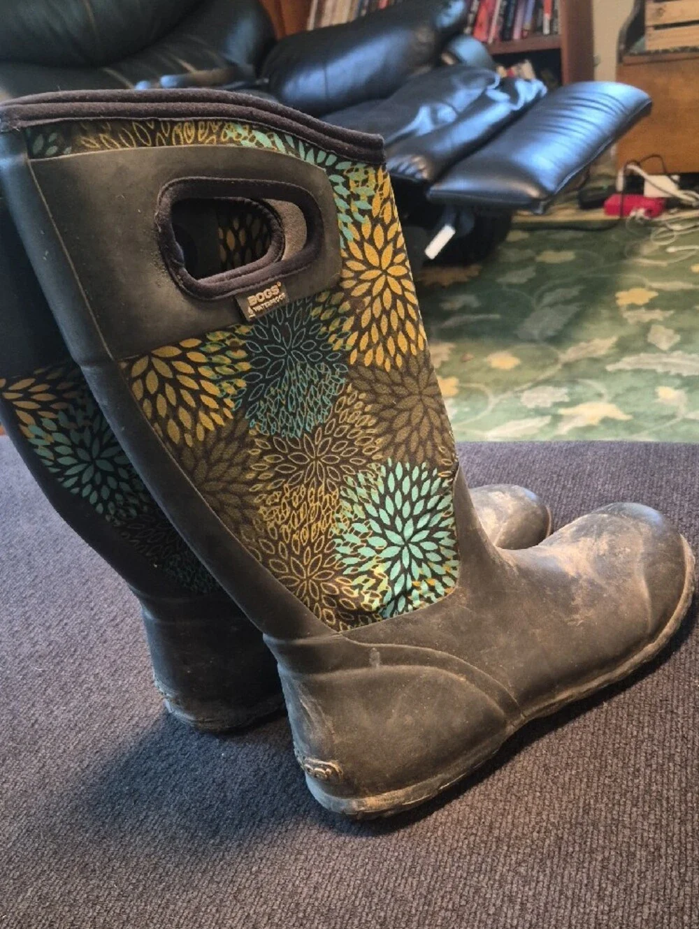 Bogs Women's Floral Tall Rain Boots in Teal, Yellow & Brown